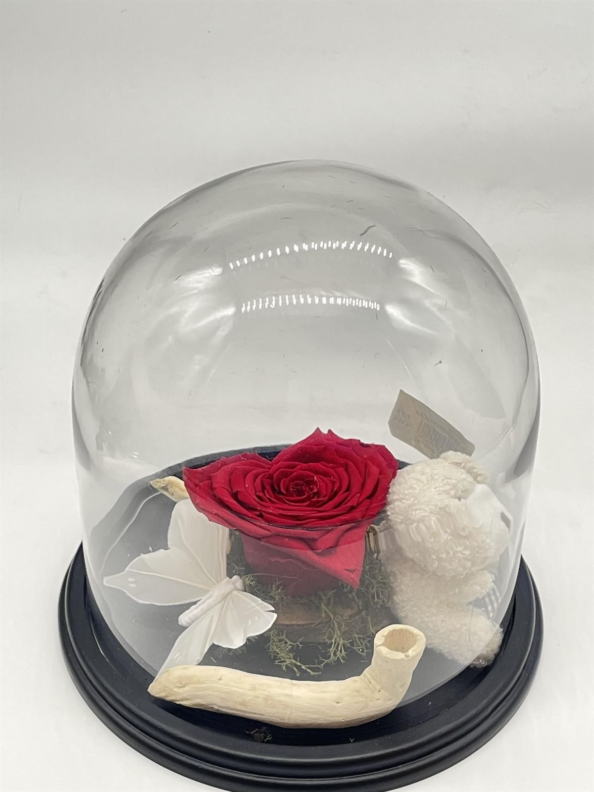 Arreglo rosa preservada corazón en cúpula de cristal - Imagen 1