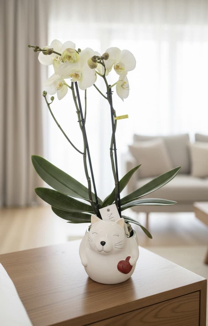 PHALAENOPSIS CON CUBREMACETAS DE GATITO - Imagen 1